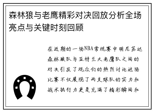 森林狼与老鹰精彩对决回放分析全场亮点与关键时刻回顾